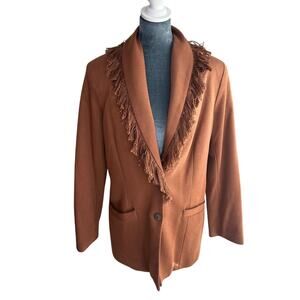 Unique Brown Buttoned Blazer- collar fringe- oversized Sz 2 - retro rustic rodeo